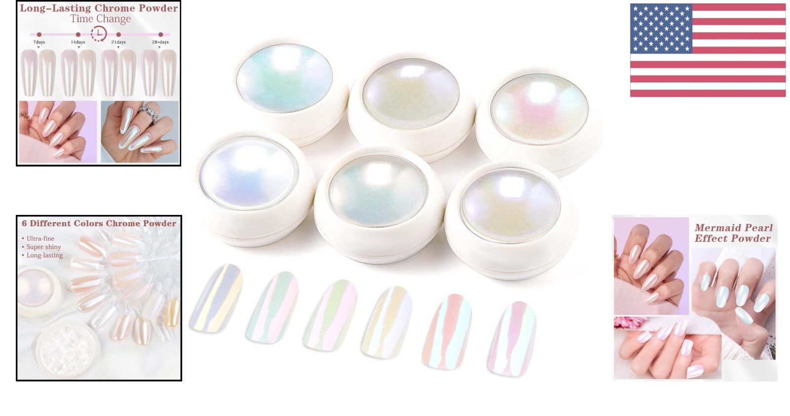 Iridescent Aurora Mermaid Chrome Nail Powder – 6 Color Set with Super Pearl E…