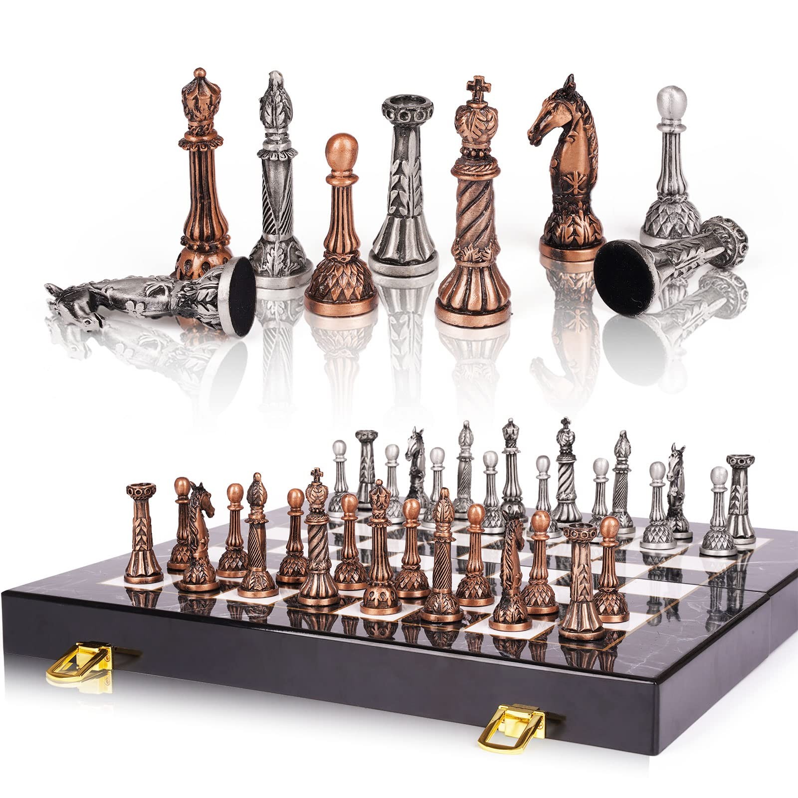 Retro Metal Chess Set for Adults 15.1 inches x inches, Bronze, Silver