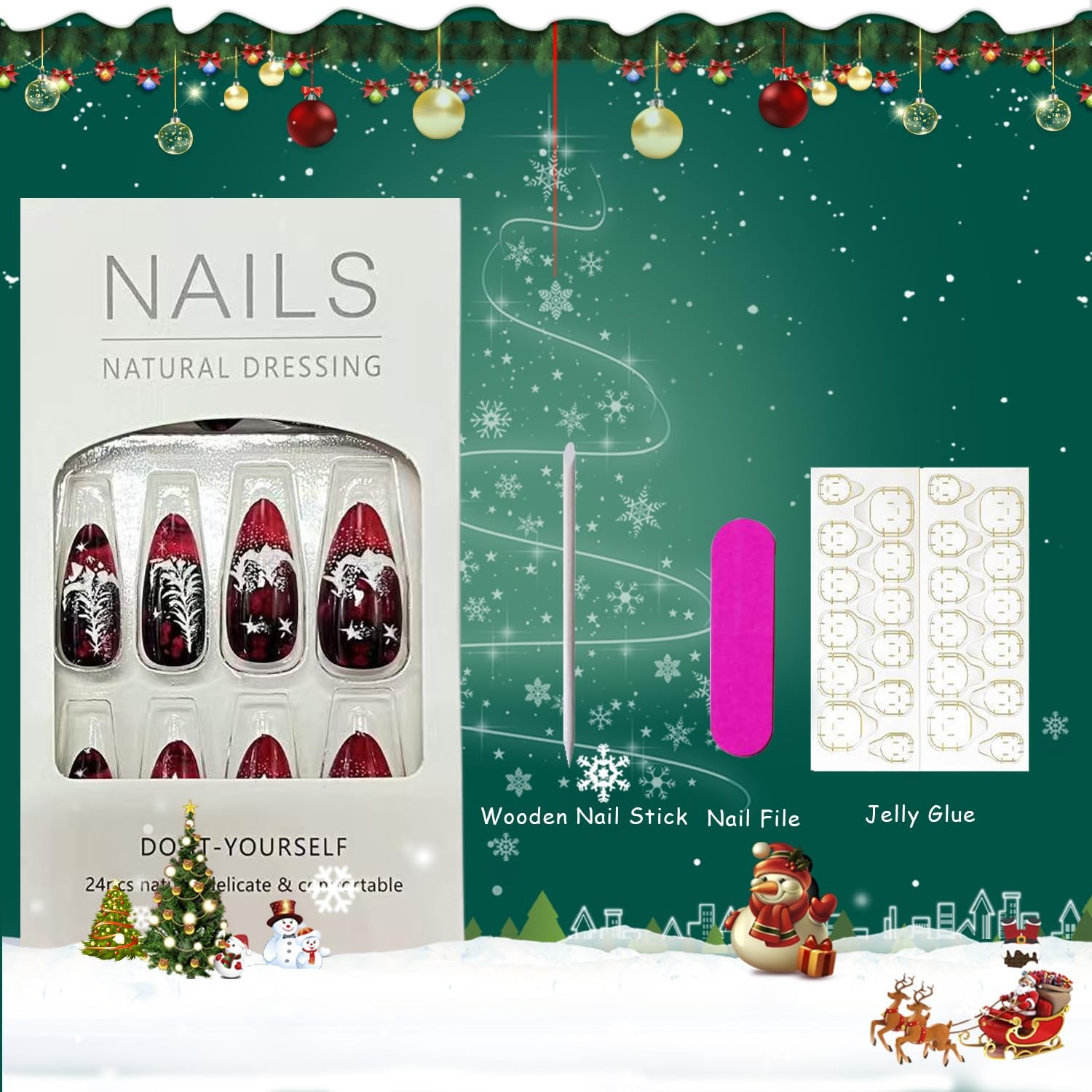 Christmas Press on Nails Medium Almond Fake Nails with Christmas Tree Designs…