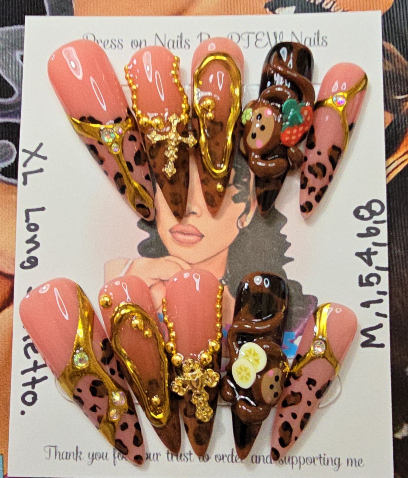 Handmade Gel Press On Nails,Naughty Monkey, Medium Size 1,5,4,6,8 XL Long Stilet