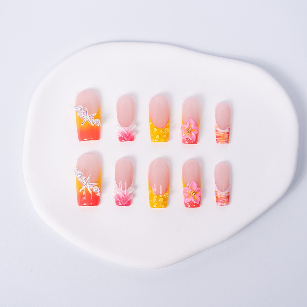 Handmade Square Press On Nails Floral Orange Pink Gradient Press On Nails S-L