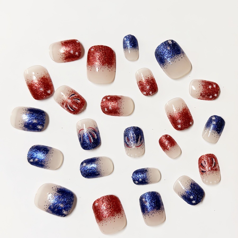 48pcs-4th of July Press on Nails with Glitter, Stars and Fireworks, Short Square