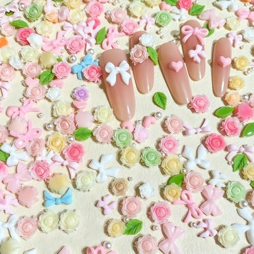 600pcs 3D Camellias Flower Nail Charms Nail Rhinestones with Pearls Rose Flower