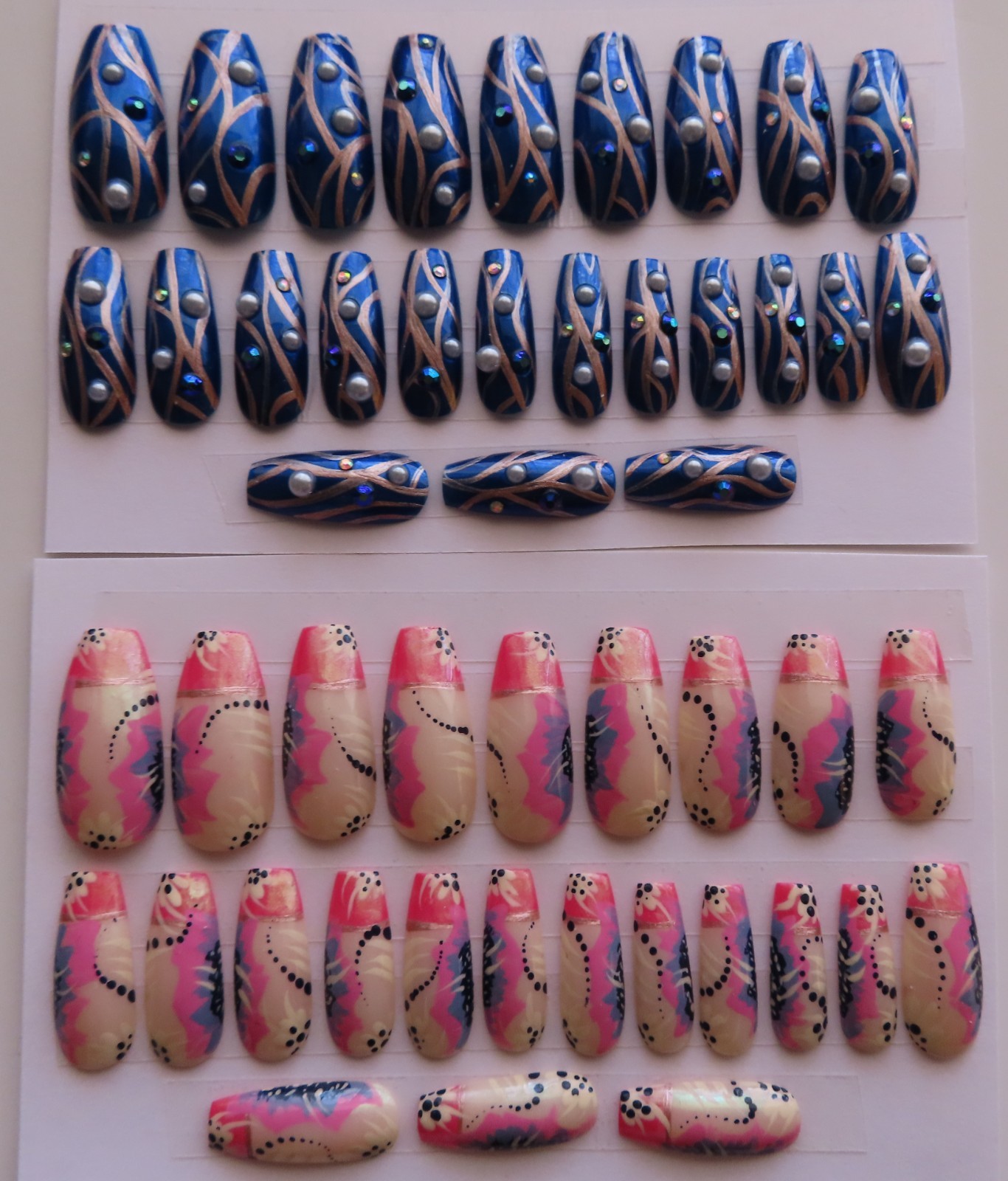 (2) Set Pink Blue Black Abstract Flower | Blue Pearl Ballerina Press-On Nails