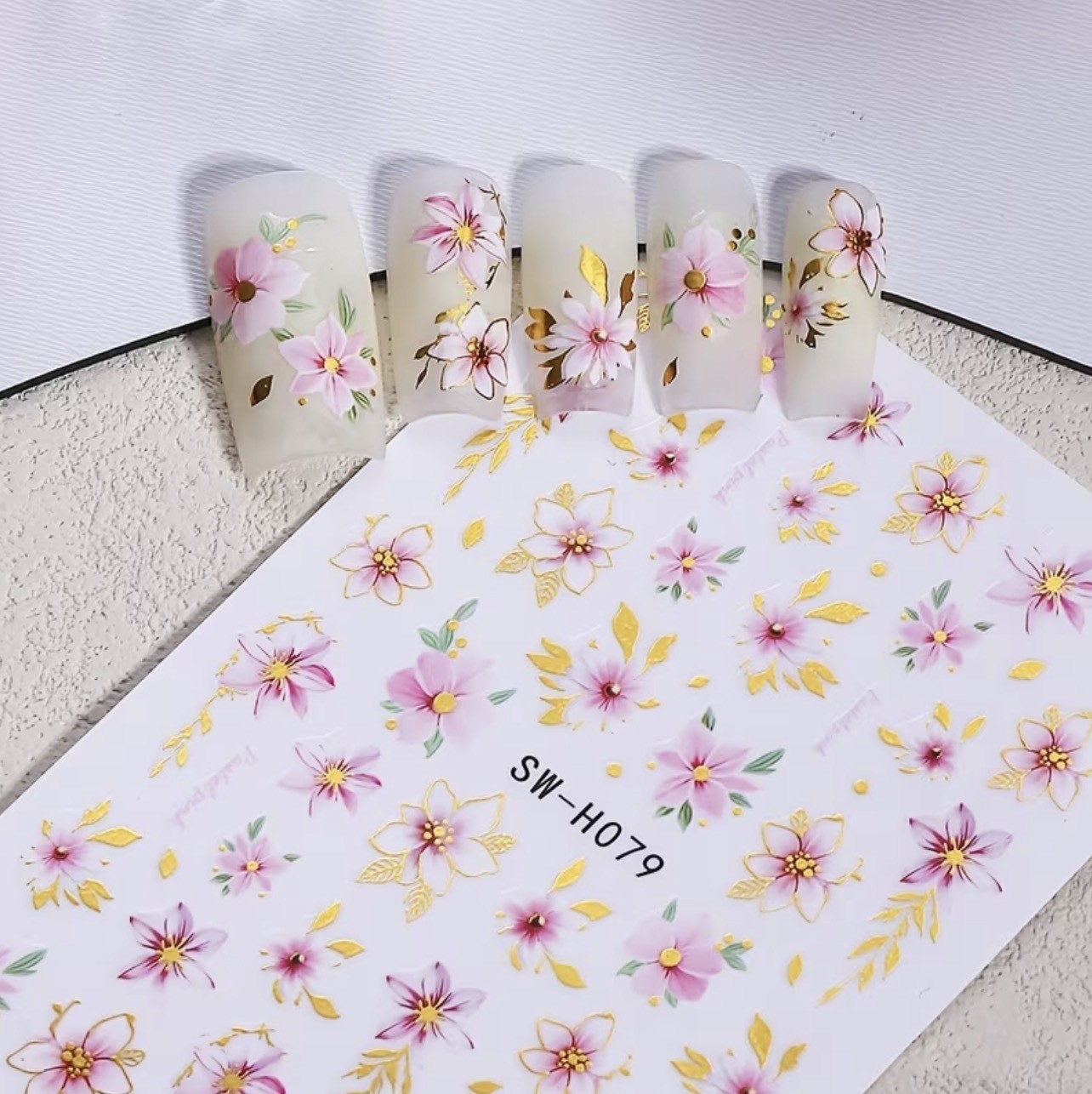 Nail Art Stickers Pink Gold Cherry Blossom Flower Summer Floral Decals H079