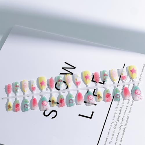 30pcs Summer Press on Nails Medium Almond Fake Nails with 3D Flower Handmade-14
