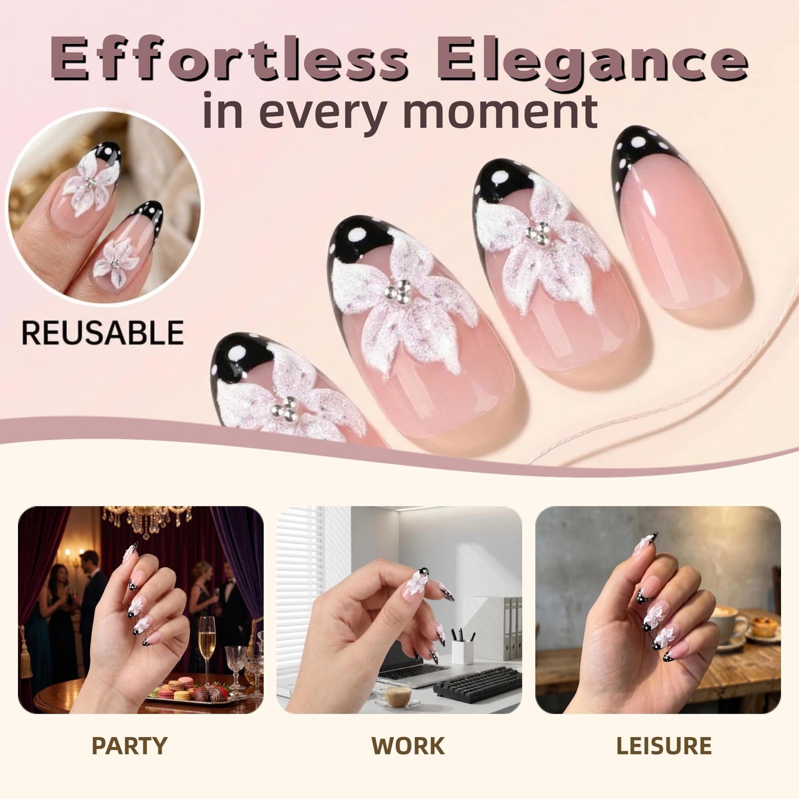 Taoyisent Pink Floral French Tip Press On Nails, Short Almond Shape, Black Po…