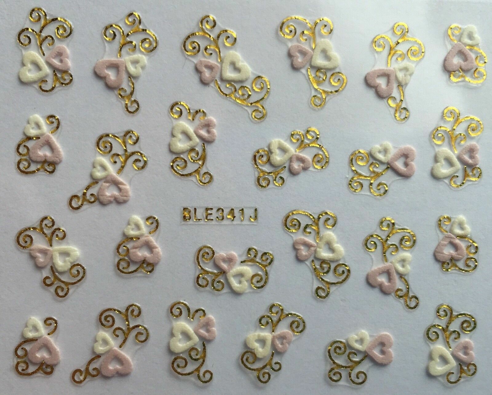 Nail Art 3D Decal Stickers White & Pink Hearts Gold Accents BLE341J