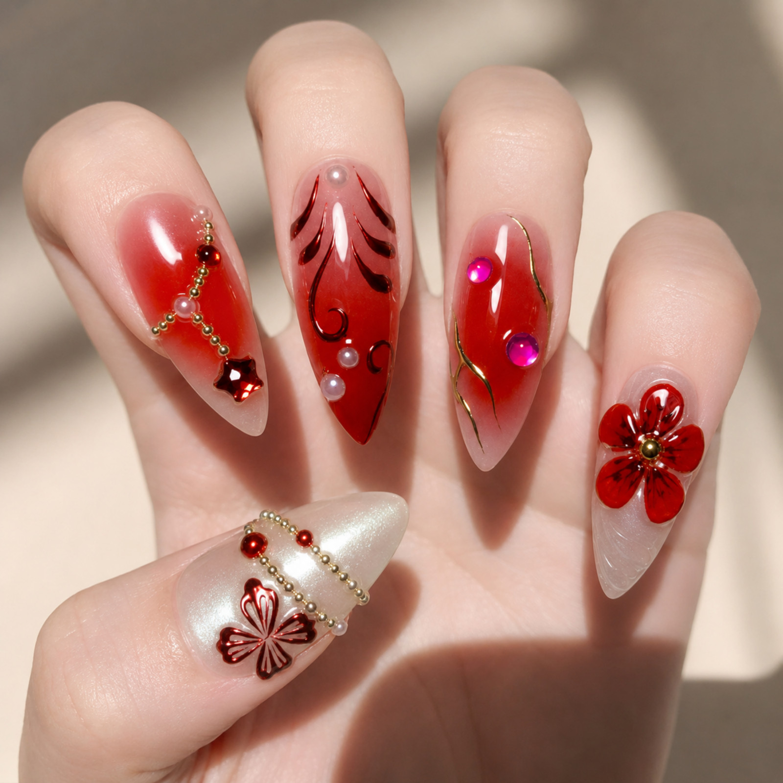 Handmade Red Floral Press On Nails 3D Flower Pearl Rhinestone Set
