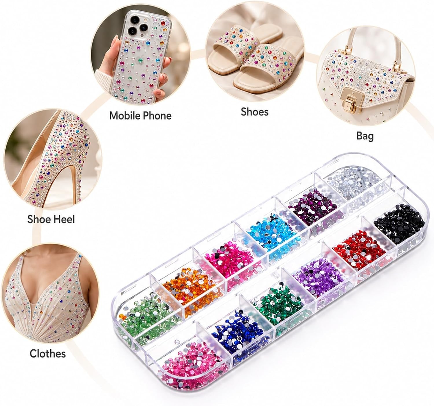 3000PCS 2mm Multicolor Nail Rhinestones, 12 Colors Flatback Gems