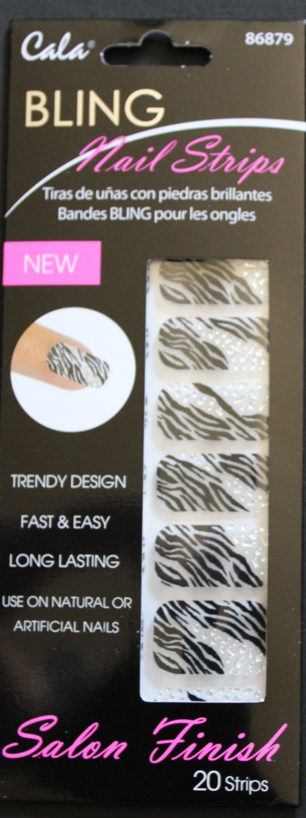 20 Trendy Cala Nail Strips Black & Silver Rhinestones natural or artificial Nail