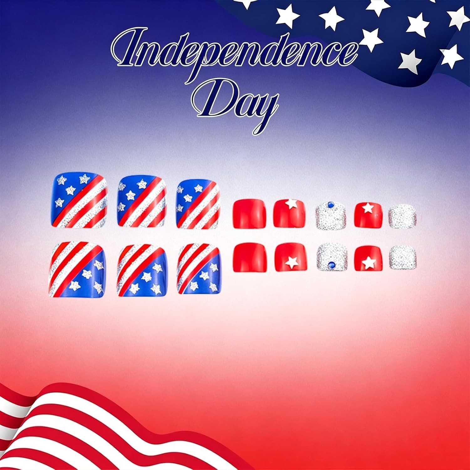 Independence Day Glitter Stripe Press-On Toenails Short Square False Toenails…