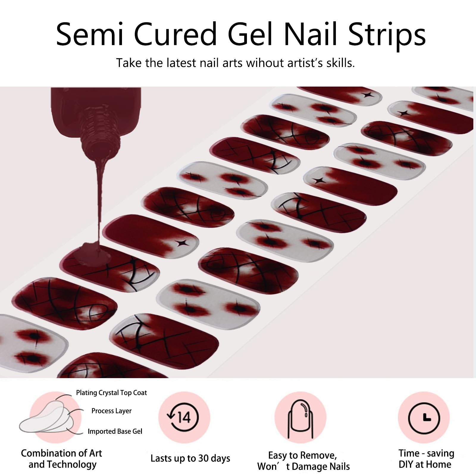 Halloween Semi Cured Nail Strips, 24 Tips Bloody Scab Halloween Design Nail P…