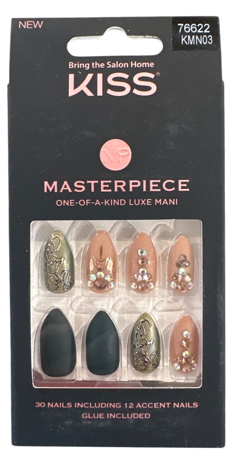 Kiss MASTERPIECE 30 Nails Long Almond Matte+Glossy Nude+Green Jewels 12 Accents