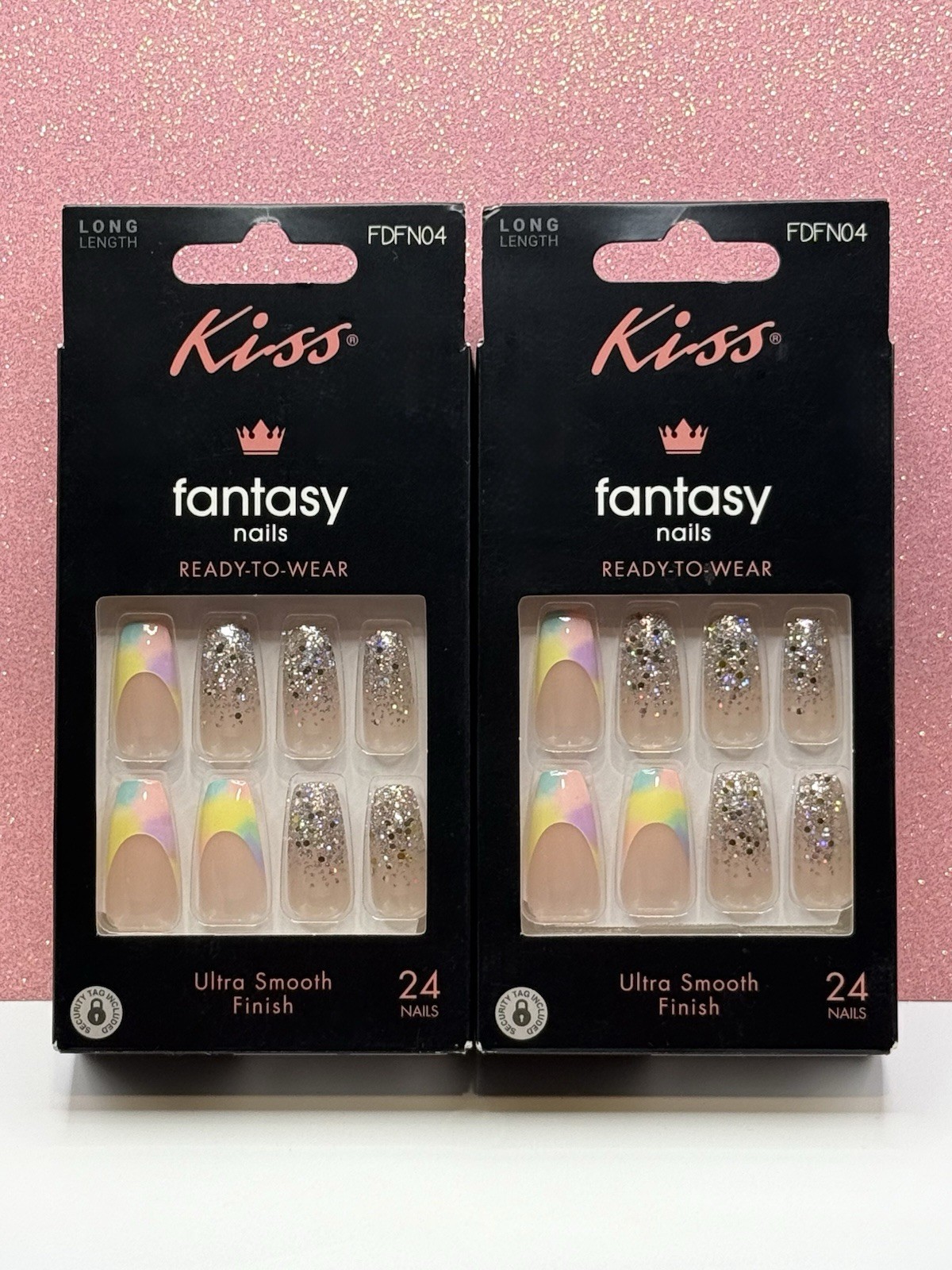Kiss Fantasy Ready To Wear Press-On Nails Rainbow French Glitter Long Lot Of 2