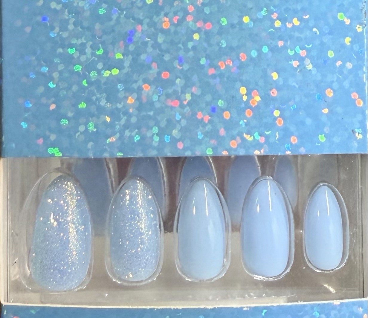 Red Aspen Medium Almond Blue Shiny Glitter Mix Spring Showers, Scottie 🩵