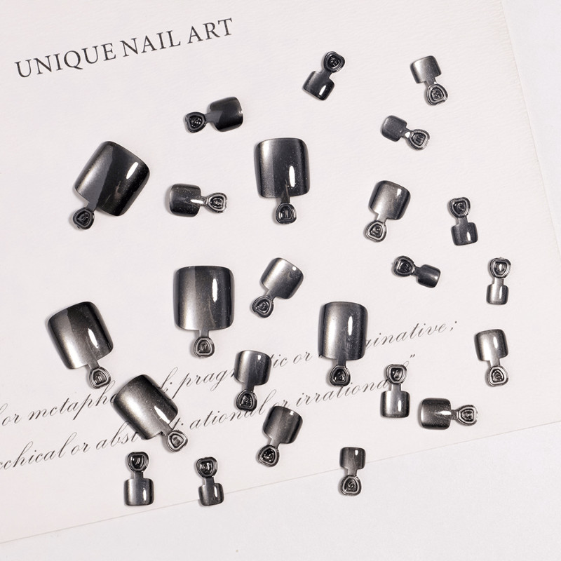 48Pcs-Short Square Black Silver Cat Eye Toe Fake Nails Set