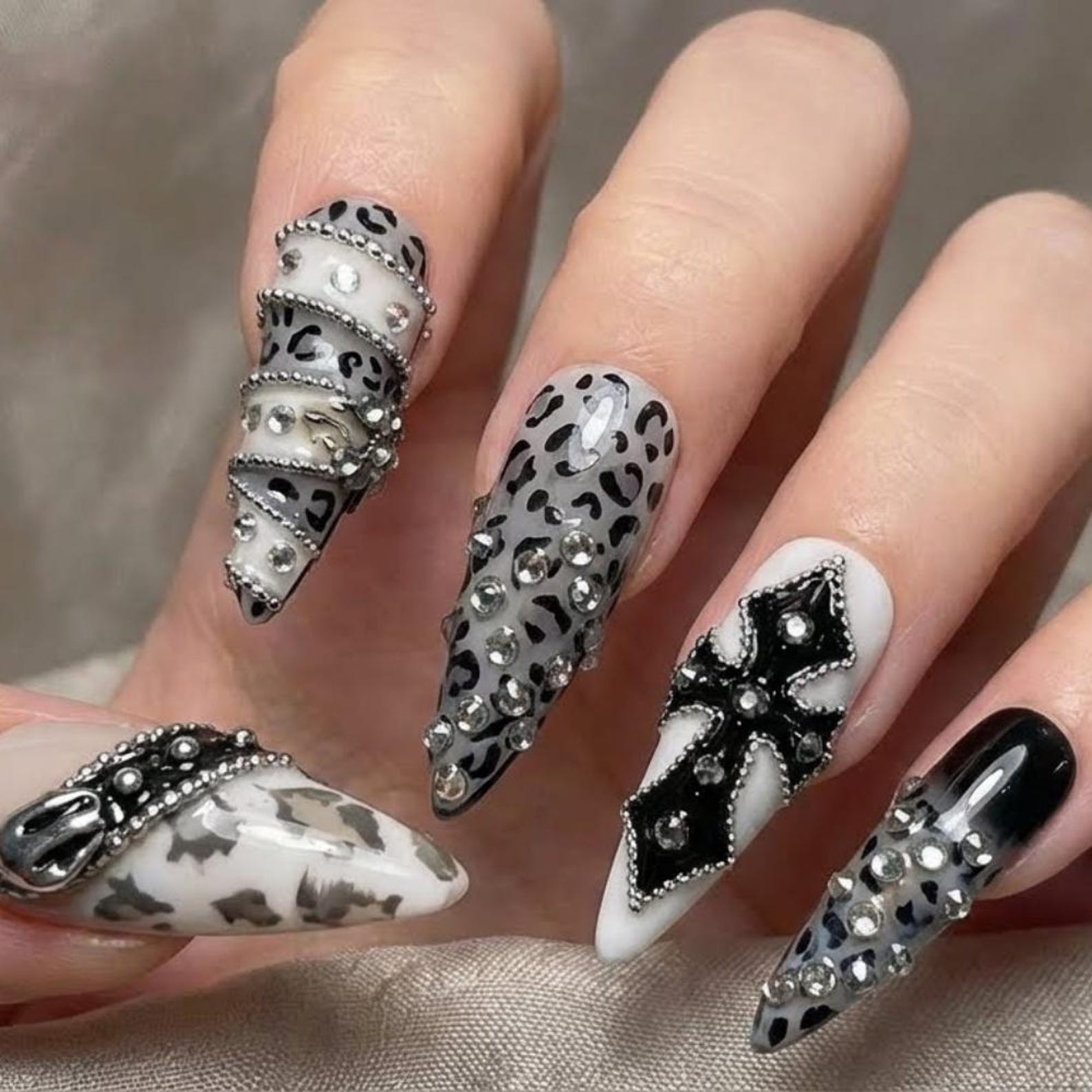 Handmade Black Leopard Cross Chain Rhinestone Long Stiletto Press on Nails
