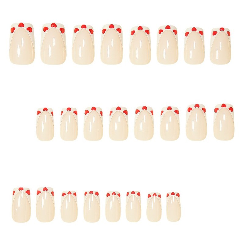 48PCS short square bare red heart-shaped French pointed nail press, reusable