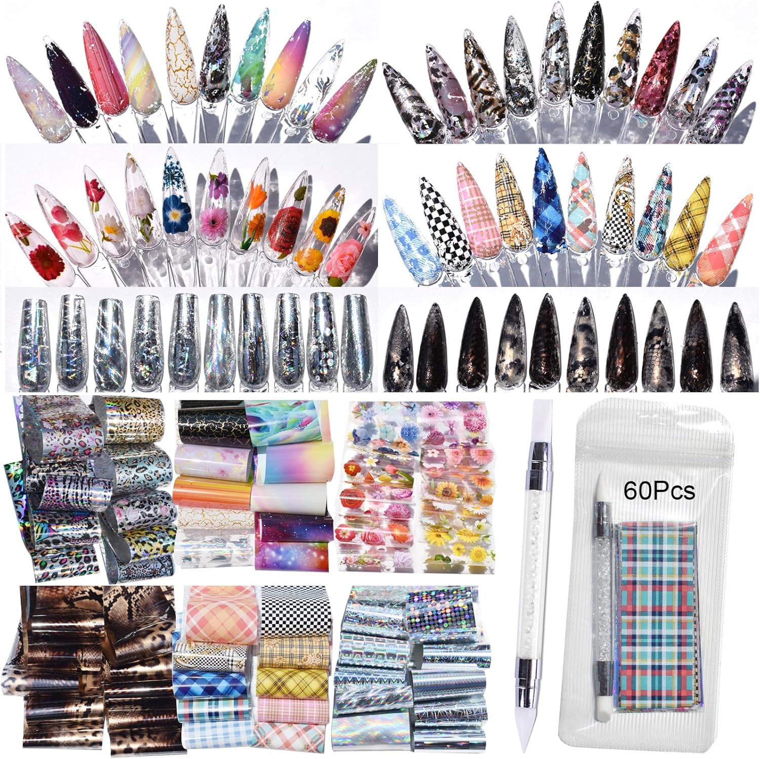 30 Rolls Nail Art Transfer Foils Set,10 Rolls Holographic Laser Aurora Nail Foil