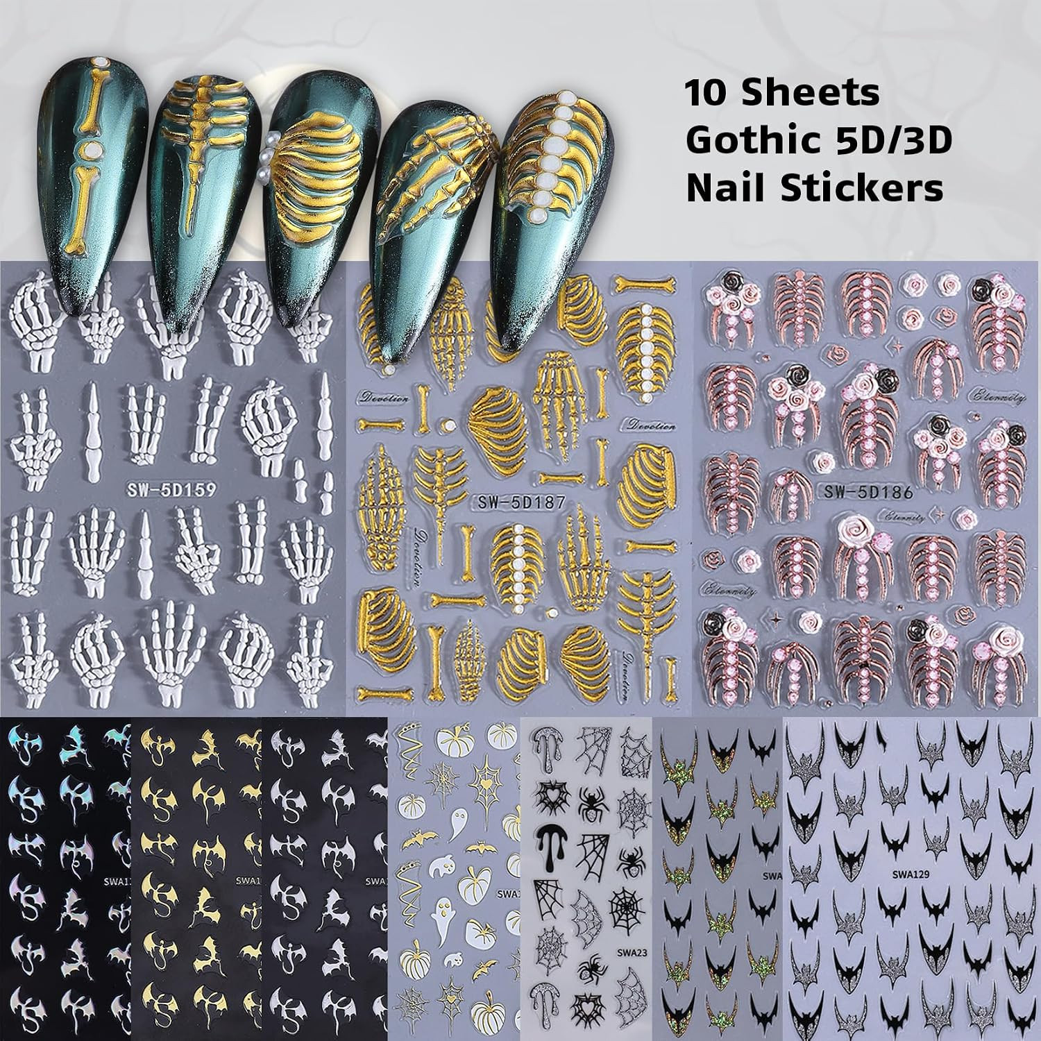 Gothic 5D Nail Art Stickers 10 PCS Embossed Skeleton Y2K Nail Decals Golden Rose
