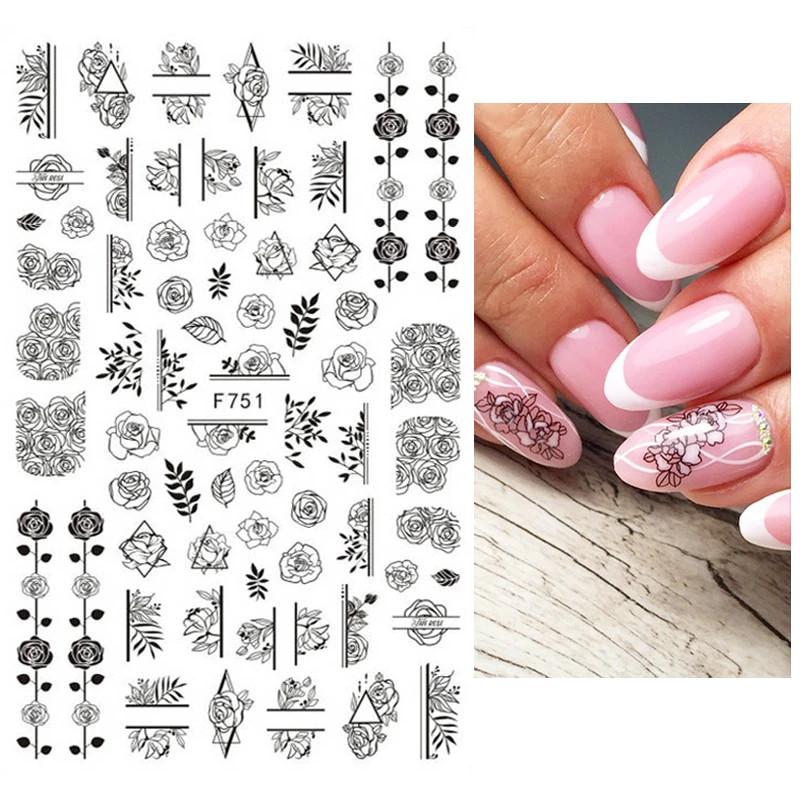 3D Nail Art Decals Geometric Lines Coconut Tree Palms Leaves Flowers Adhesive Sl