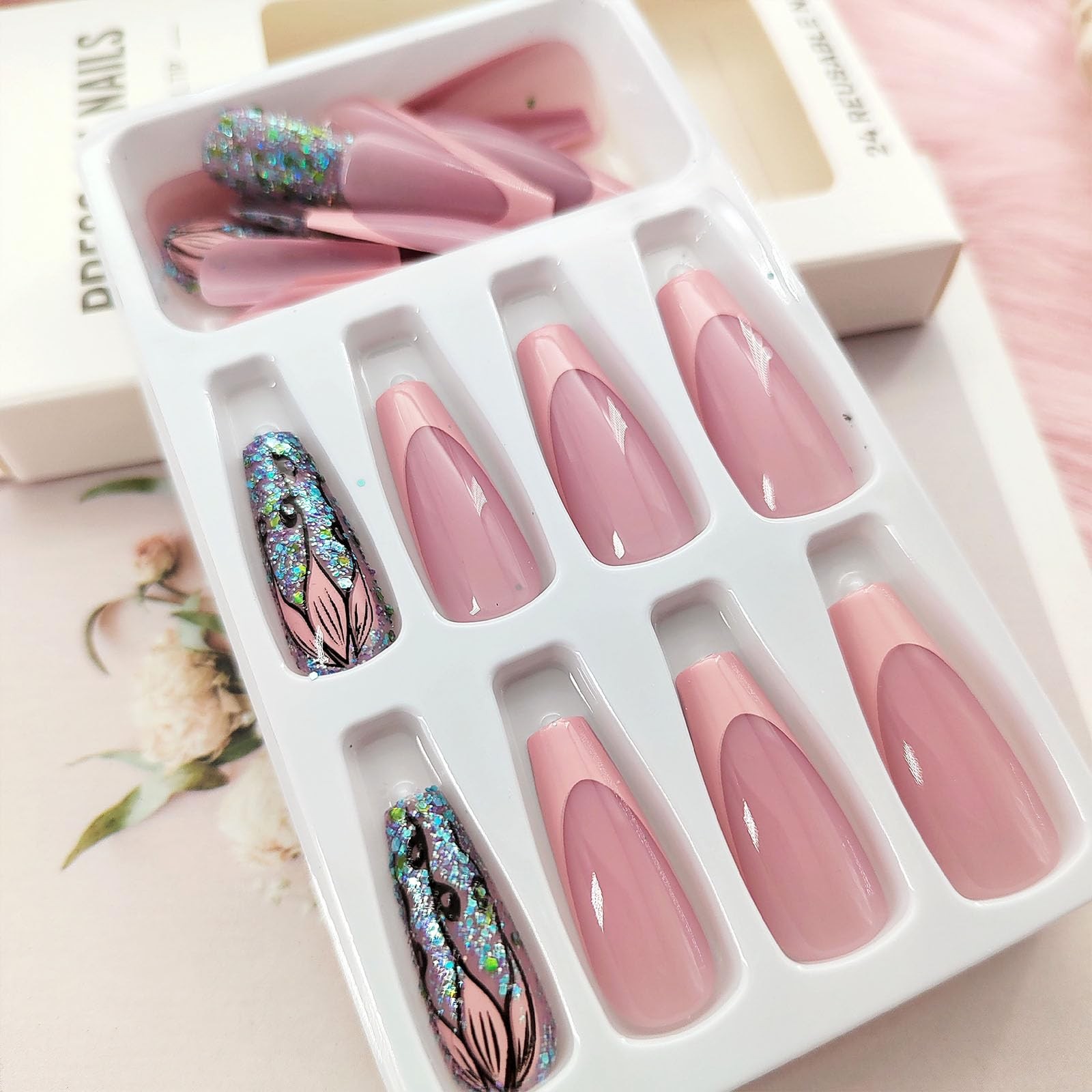 Coffin Press on Nails Medium Dark Pink French Tip Fake Nails Press ons, Full …