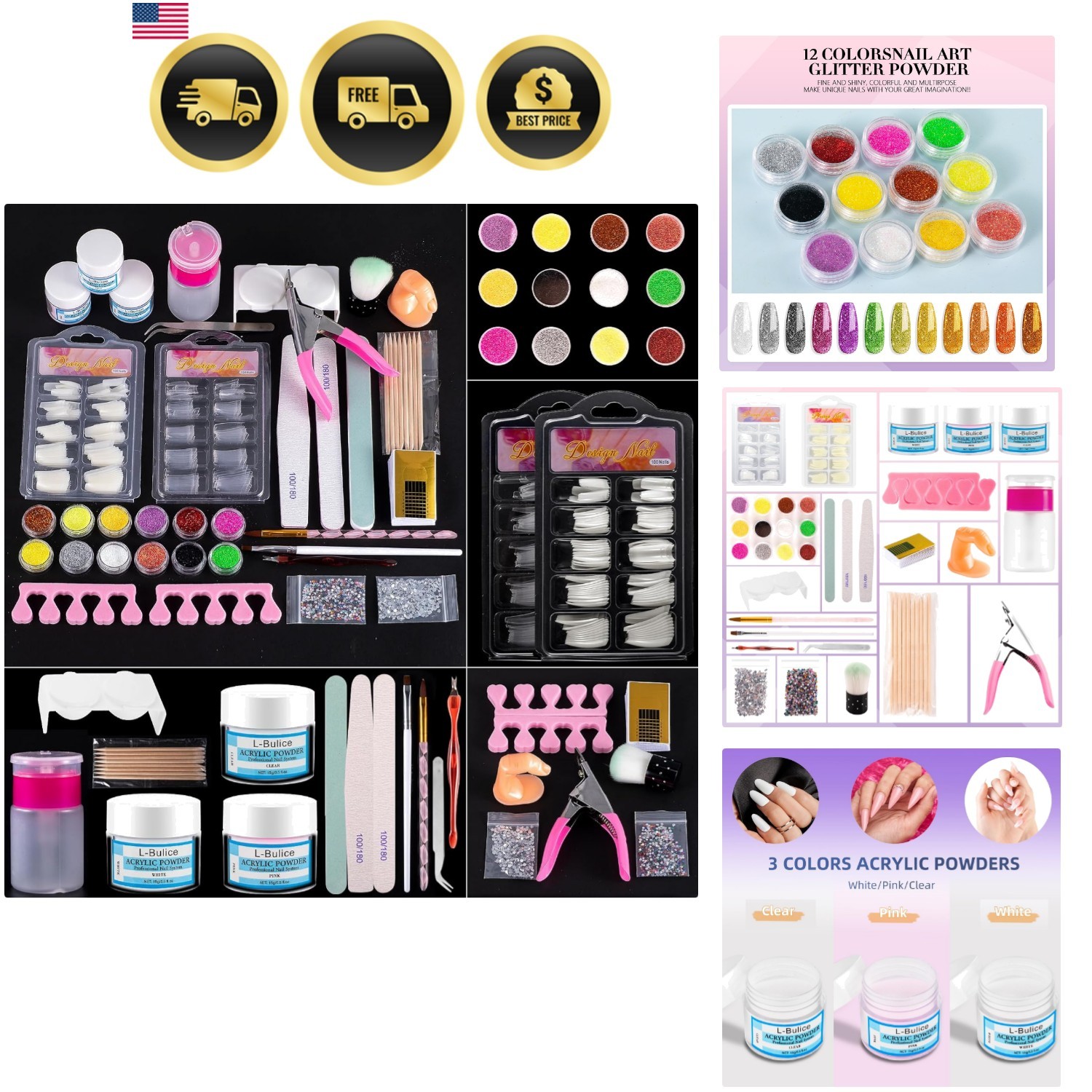 Acrylic Nail Kit for Beginners with Everything Professional, 12 Glitter Powde…