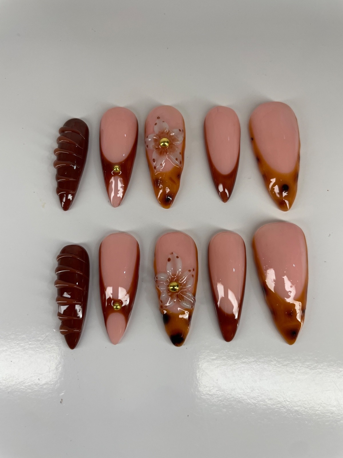 Brown Tortoise Shell Press On Nails | 3D Flower Nail Set | Nude & Brown Handmade
