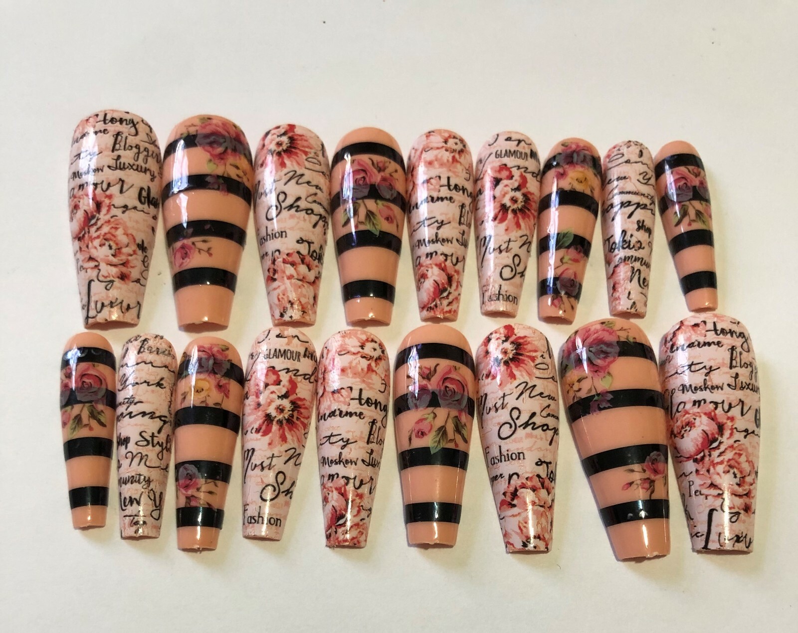 Press on nail set- Black stripes & Roses- (Set of 18 sizes 0-8)