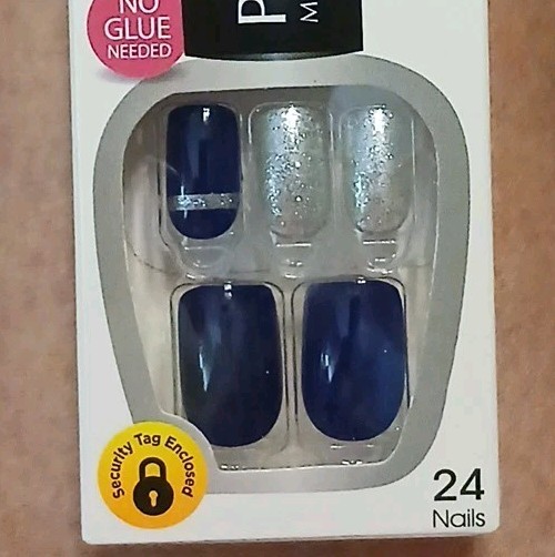 Kiss Press-On Manicure 24 Medium Square Tip Nails Royal Blue Silver Glitter