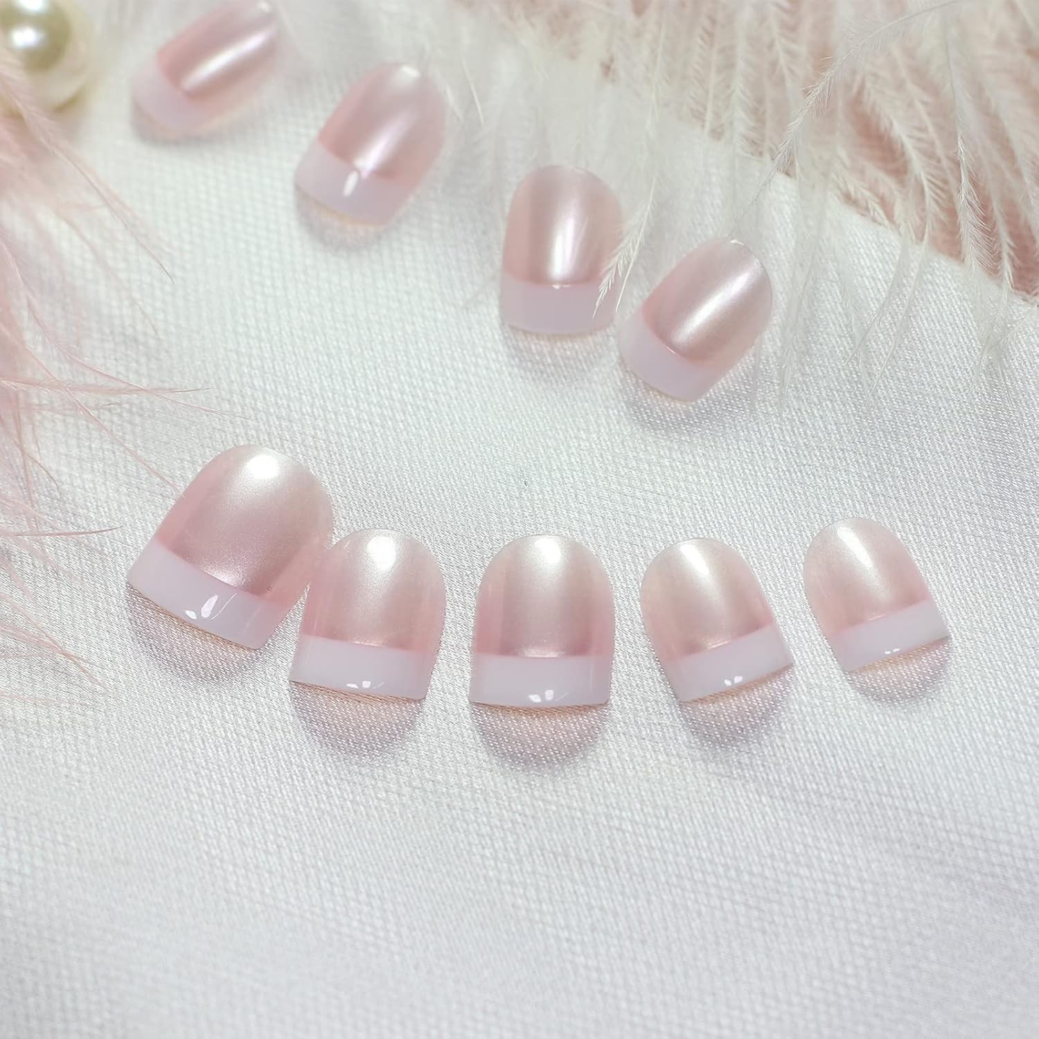 Acrylic Press On Nails – Pearl Shine Pink French Design for Effortless Glam