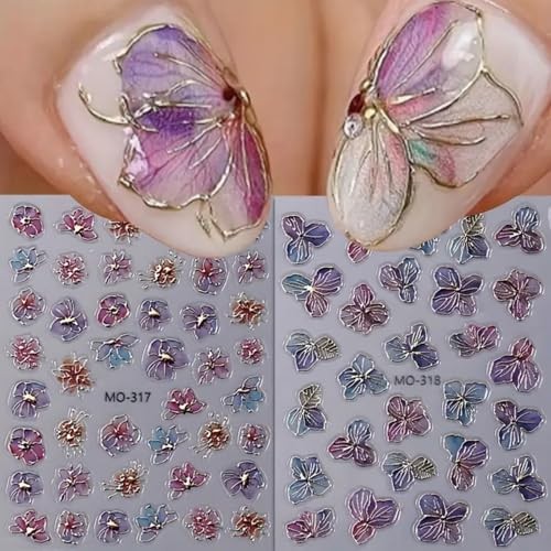 2Pcs Flower Nail Art Stickers 5D Embossed Floral Nail Decals Spring Flower