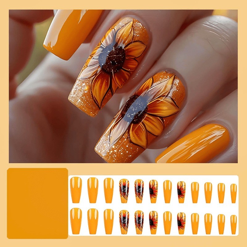 48 Warm Sunflower Hand Drawn Fake Nails – Removable Fake Nail Art
