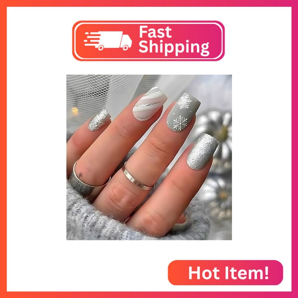LPOODDNU 24 Pcs Medium Square Christmas Press on Nails with Snowflake Designs, G