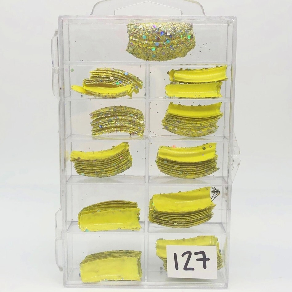 Brand New Tip Jar Fake Nail Tips – Yellow with Silver Glitter (#127)