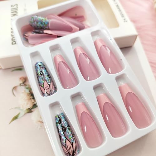 Coffin Press on Nails Medium Dark Pink French Tip Fake Nails Glitter Flower