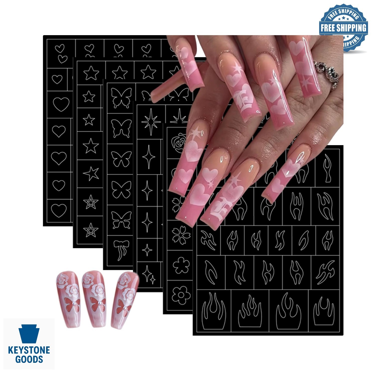 6 Sheets DIY Airbrush Nail Stencils – Butterfly, Heart, Star, Flame Designs f…