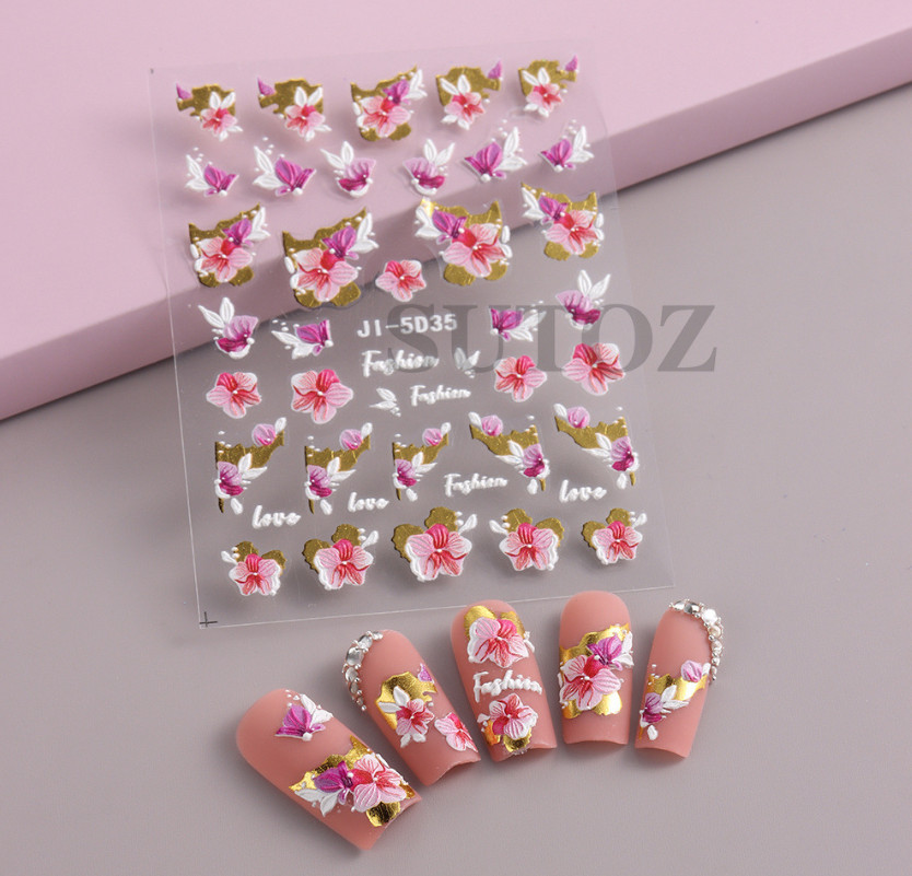 5D Embossed Blue Purple Butterfly Flower Cherry Love Nail Stickers Manicure NS54