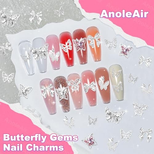 80 Pcs Silver Butterfly Nail Charms and Gems, 3D Pink Color Butterfly COLOR-S2