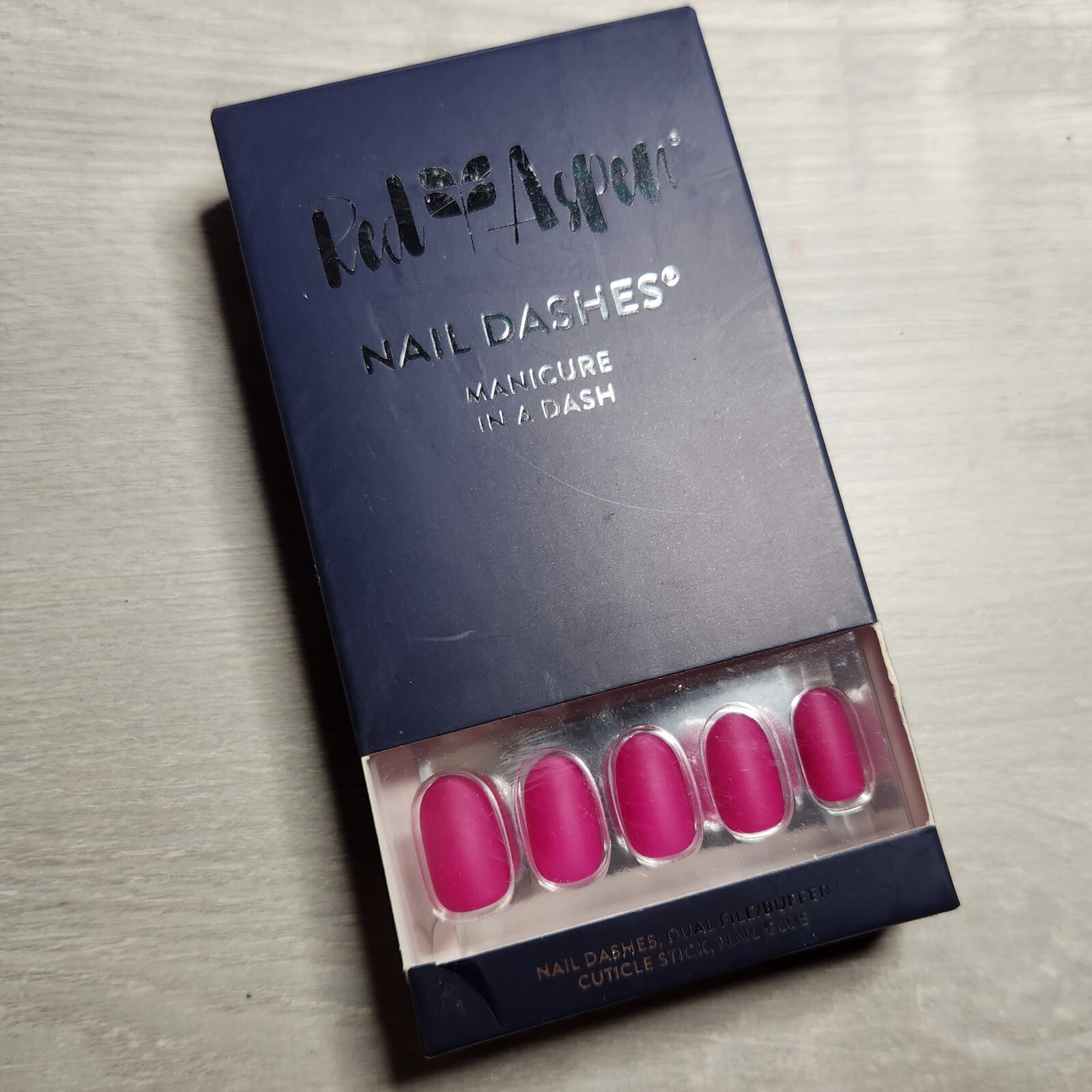 Press On Nails Fran-berry Sauce Medium Round Matte Navy Blue Dashes Red Aspen