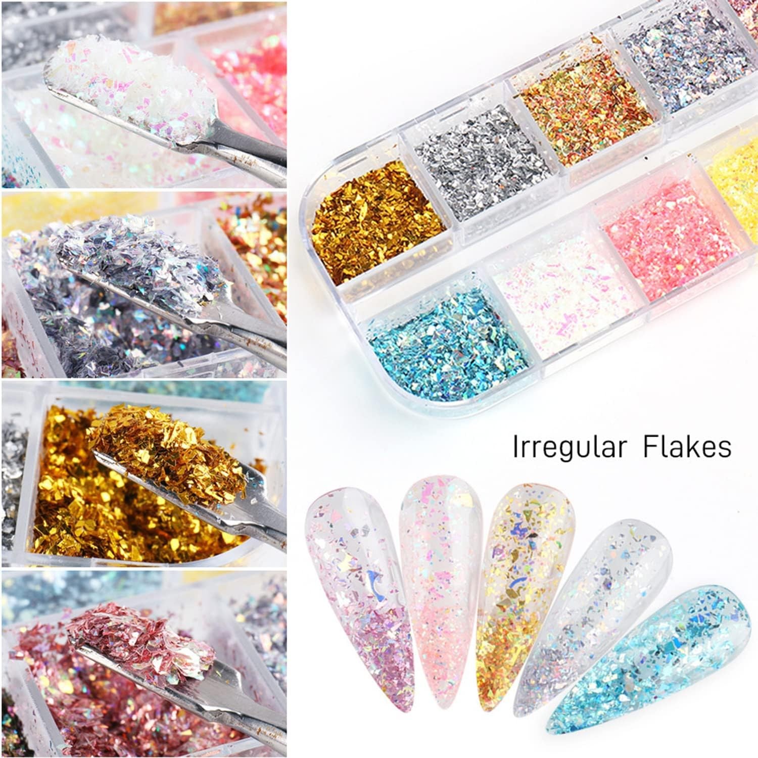 12 Colors Holographic Glitter Flakes Irregular Shiny Sequins for 3D Acrylic Nail
