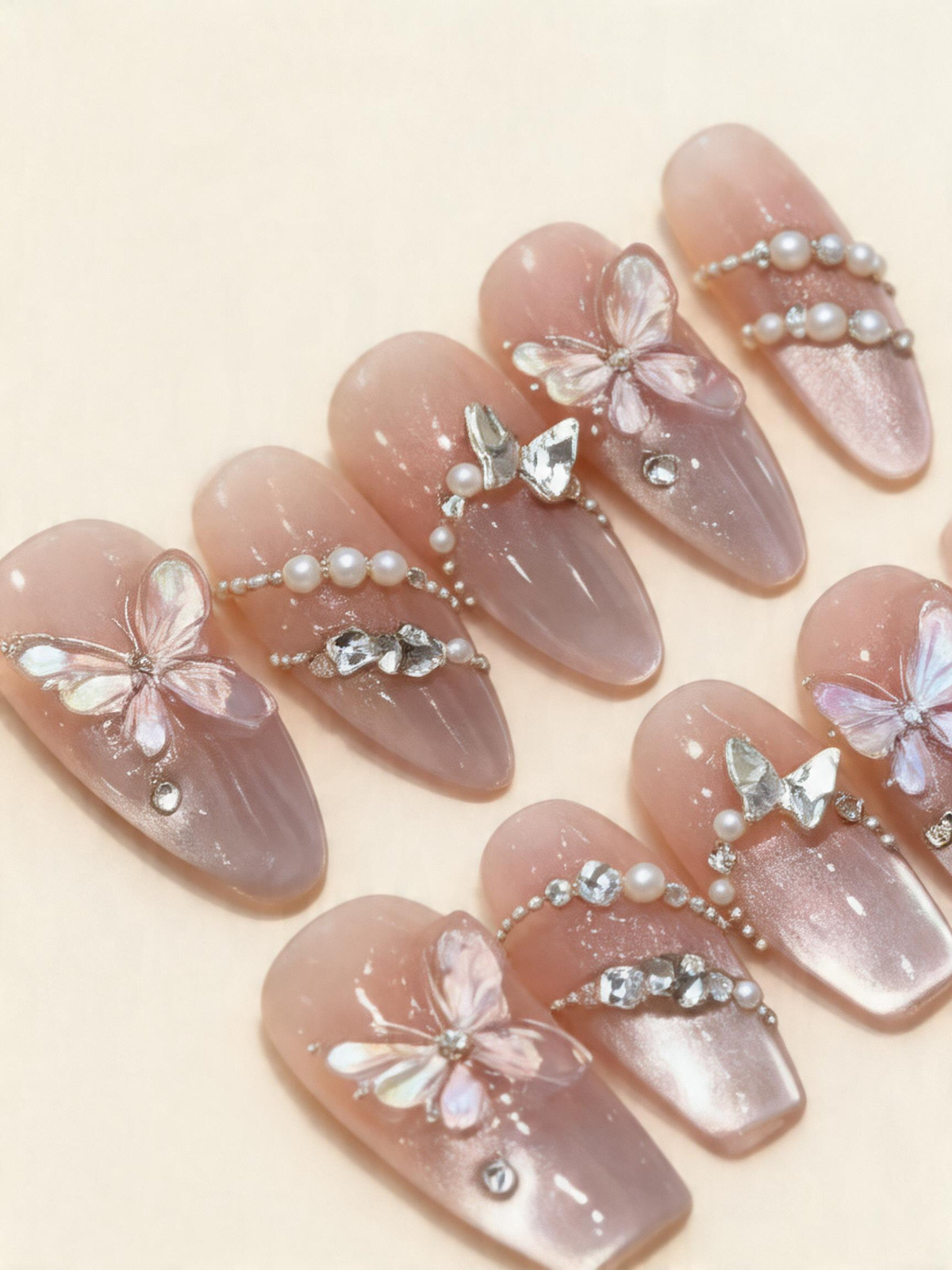 Press-On Nails Mystery Box Nude Pink Butterfly Pearl Rhinestone Surprise Women