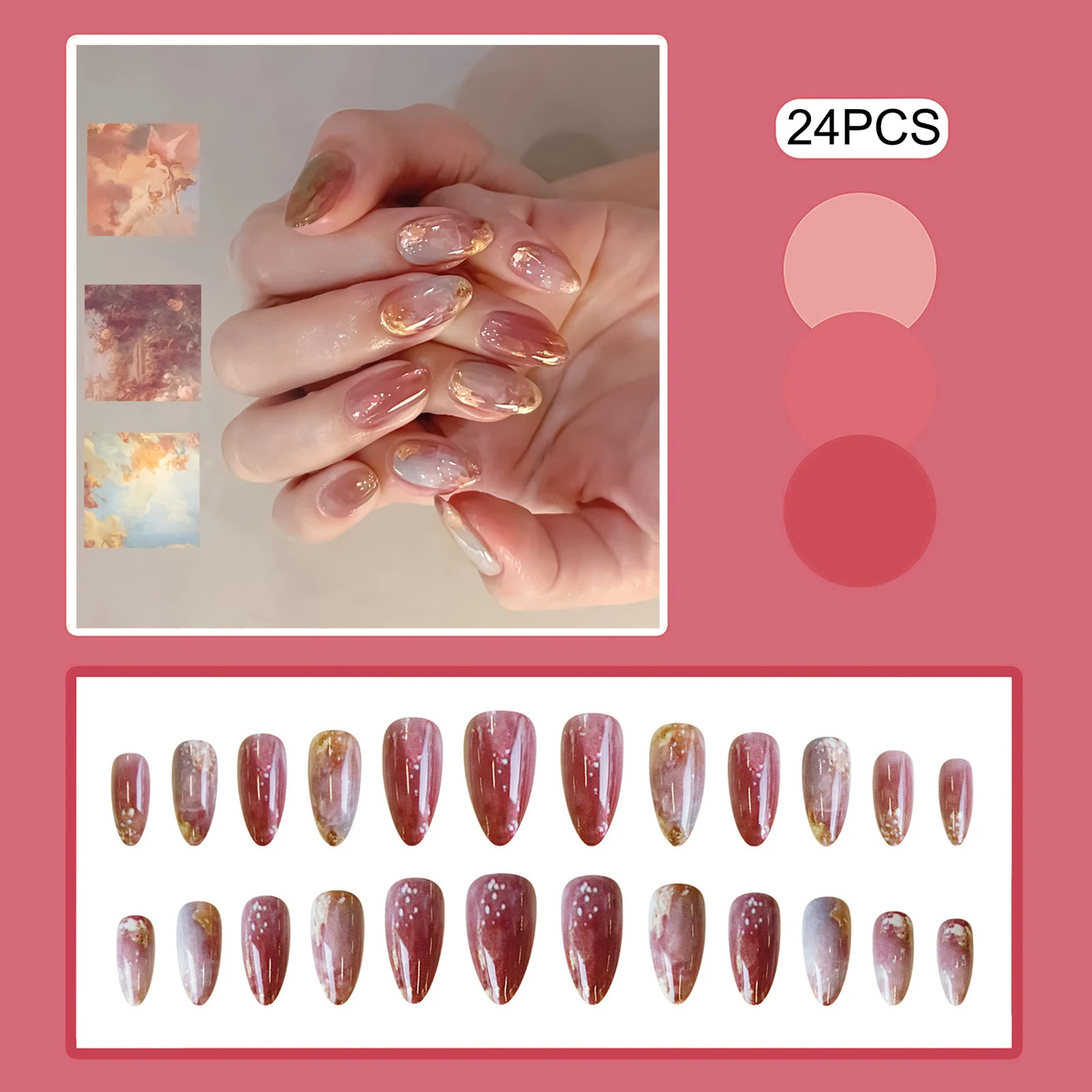 Temperament Gradient Rose 24pcs Almond Gentle Flower Press On False Fake Nails