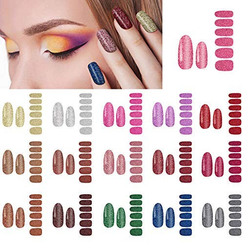 16 Sheets Glitter Nail Wraps Polish Strips Self Adhesive Shine Retro Color