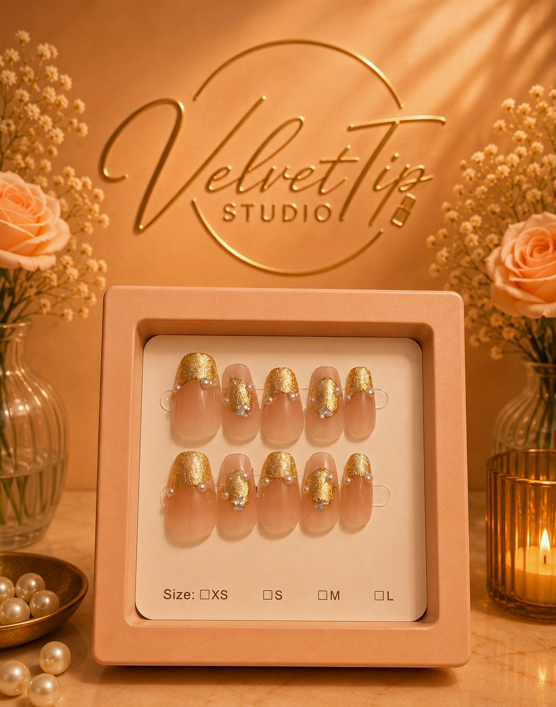 VelvetTip Studio Press-On Nails Nude/Gold Glitter Oval Full Cover Size M