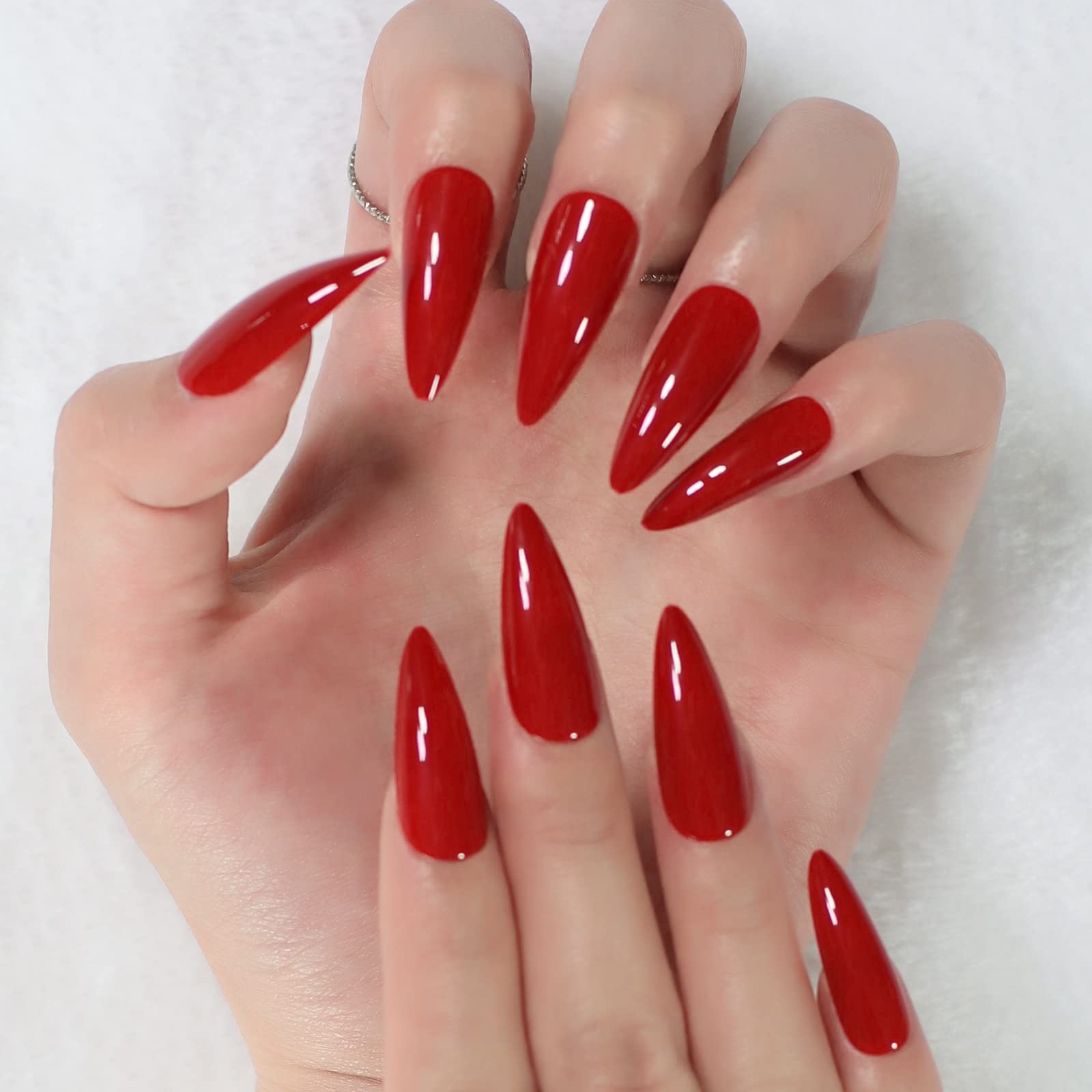 Glossy Red Press on False Nails Medium Long Stiletto Fake Nails Salon Nail Ar…