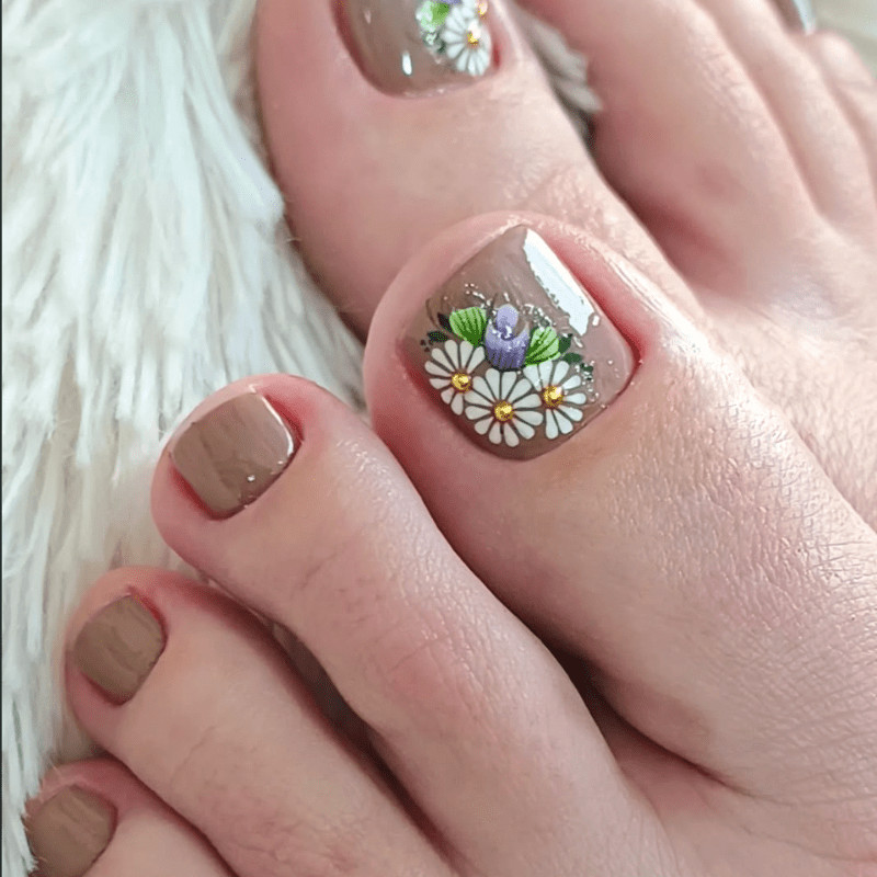48Pcs Short Brown Daisy Press on Toe Nails Casual Daily Stylish Foot Nails