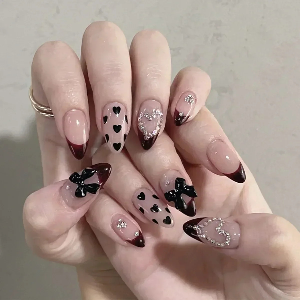 24pcs French Almond Press on Nails Leopard Print 3D Bow False Nails Fake Nails