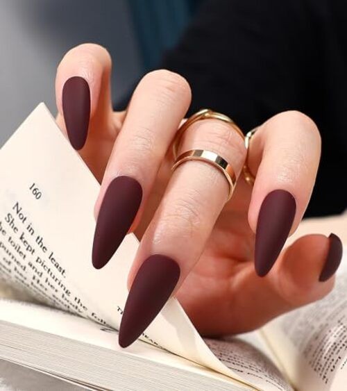 24pcs Fake Nails Matte Pure Color Medium Long Stiletto Almond Press Wine Red